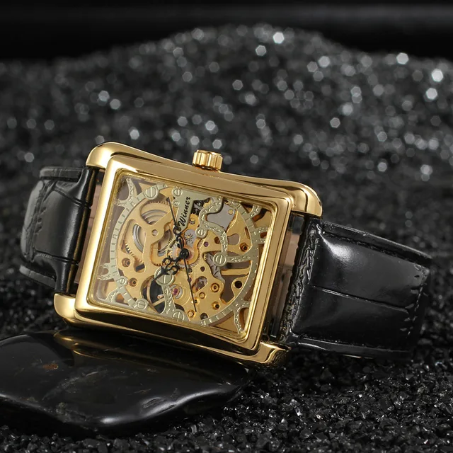 2018 Winner Brand Retro Casual Series Rectangle Dial Design Golden Pattern Hollow Skeleton Watch Men Top Luxury Mechanical Clock