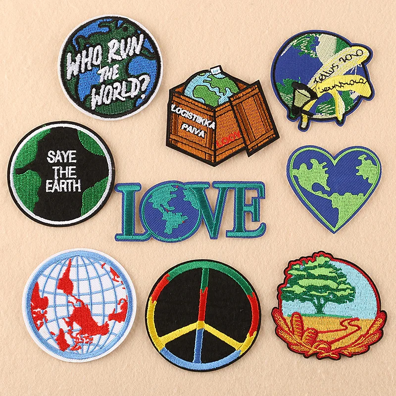 Earth Badges Embroidered Iron on Patch Heart LOVE Emblems Colorful Sewing Decorations Clothes Hat Bag Round Sports Crafts | Дом и сад