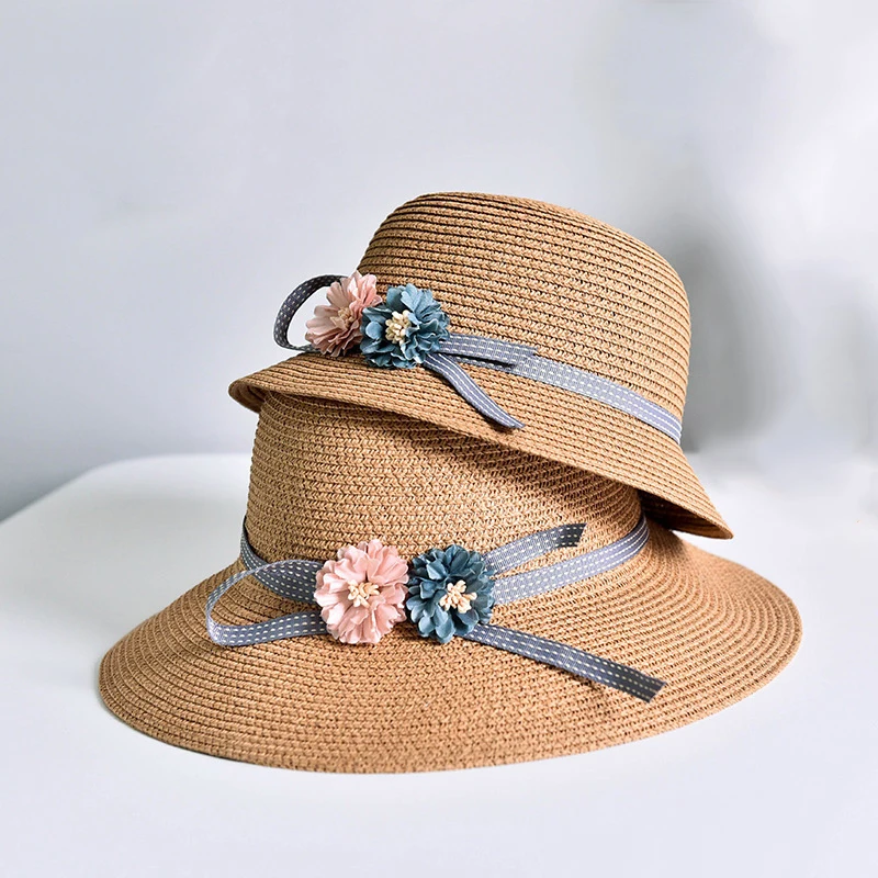 

2019 cap Parent-child children's straw hat female summer travel flowers bow sunshade sun protection sun hat beach hat women hats