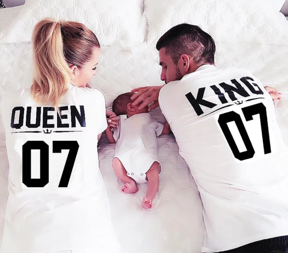 cheap New 100% Cotton Matching T shirt King 07 Queen 07 Prince Princess Letter Print Shirts,Casual Men Women Lovers Tops Newborn