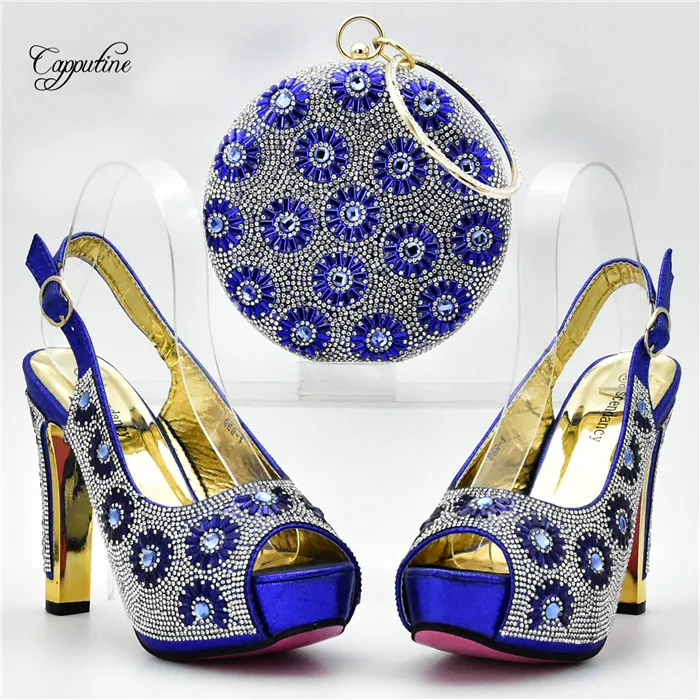 Graceful party set matching royal blue high heel sandal shoes and handbag set with shinning stones XY11 heel height 11cm