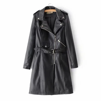 

Women Autumn Turn-down Collar Zipper Long Sleeves PU Long Jacket With Belt Casual Style Slim Matching Coat FS0620