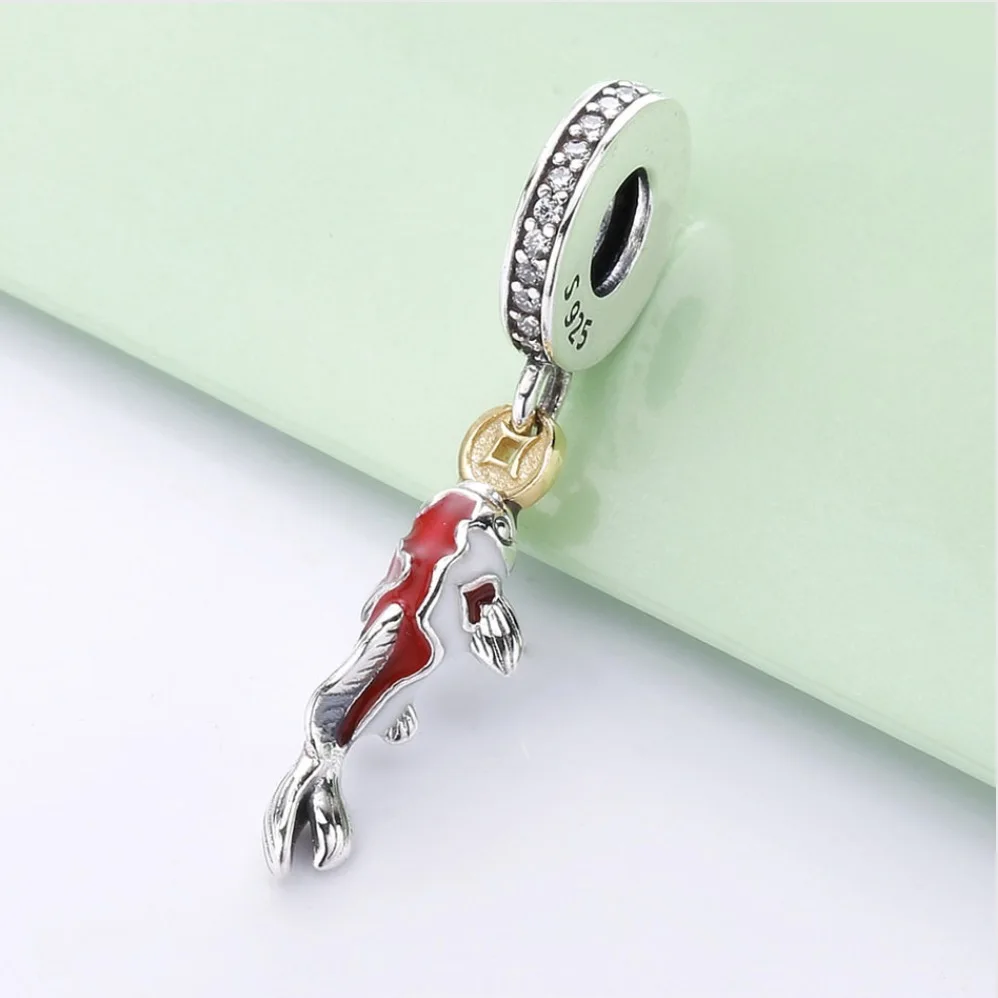 

925 Sterling Silver Beads Fit Original Pandora Bracelet Good Fortune Carp Charm Clear CZ Mixed Enamel for Women Jewelry Gift