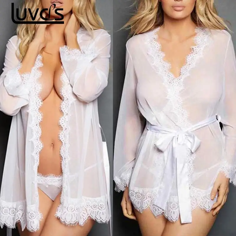 

Sexy Lingerie Women Silk Lace Robe Dress See Through Transparent Robe Bathrobes Babydoll Nightdress Sleepwear