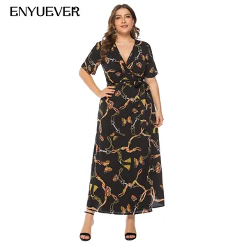 

Enyuever Summer Dress Plus Size 2019 Deep V Neck Boho Casual Floral Chain Print Sleeve Elegant Maxi Long Party Dress Vestido 5XL
