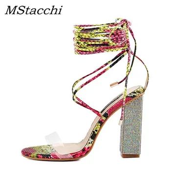 

MStacchi Summer Sexy Clear Woman Sandals Women's 10cm high heels Gladiator Ankle Strap Clear Rhinestone Lace up Chunky High Heel