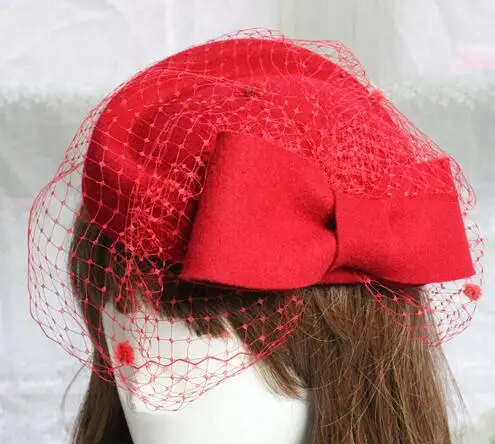 Австралийской шерсти шапка для Для женщин невесты элегантные шерсть марли лук авиакомпания стюардесса Для женщин Fedora шапки Lady Royal chapeau Femme - Цвет: Red