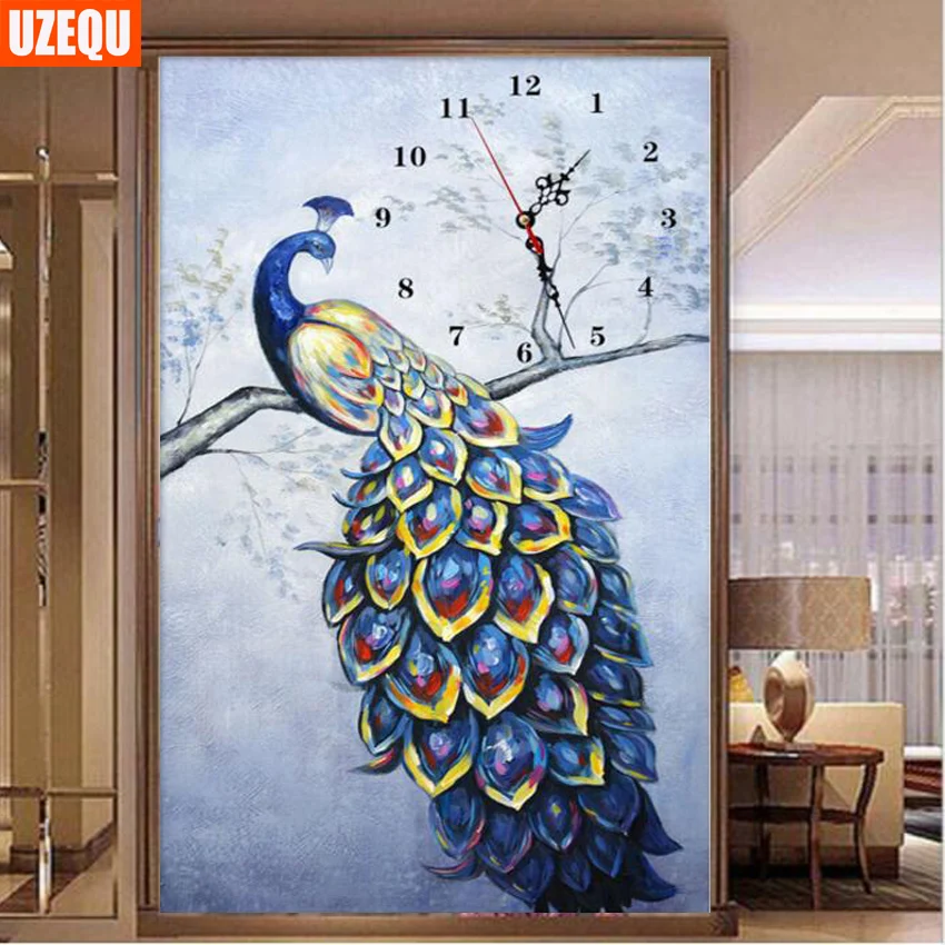 

UzeQu 5D DIY Diamond Painting Wall Clock Cross Stitch Peacock Watch Diamond Embroidery Full Round Diamond Mosaic Rhinestone Arts