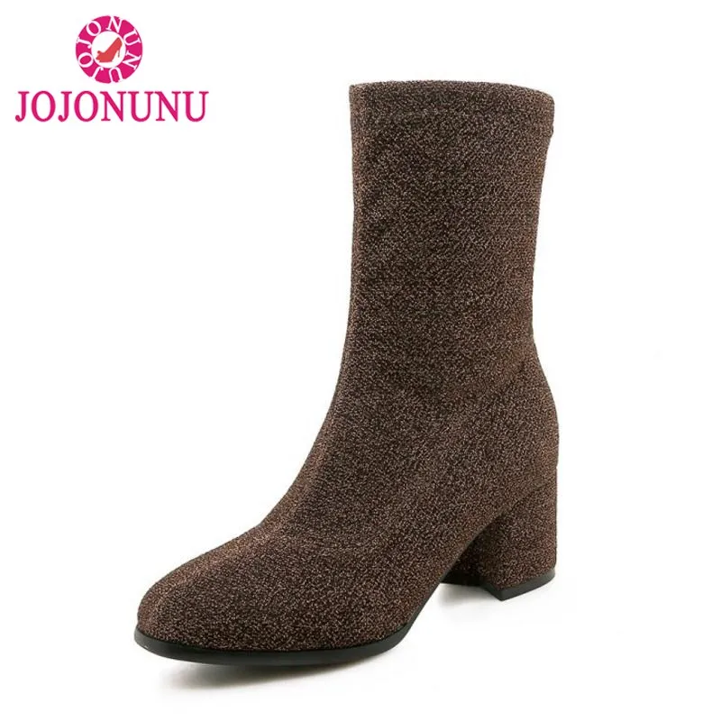 

JOJONUNU Size 34-45 4 Color Ankle Boots Woman Bling Elastic High Heels Boots Winter Warm Fur Women'S Shoes Round Toe Footwear