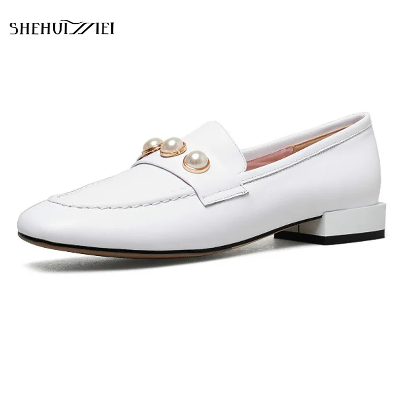 

SHEHUIMEI Penny Loafers Women Flats Genuine Leather Moccasin Square Toe Lady Flats Slip on Shoes Woman Handmade Big Size 34-43