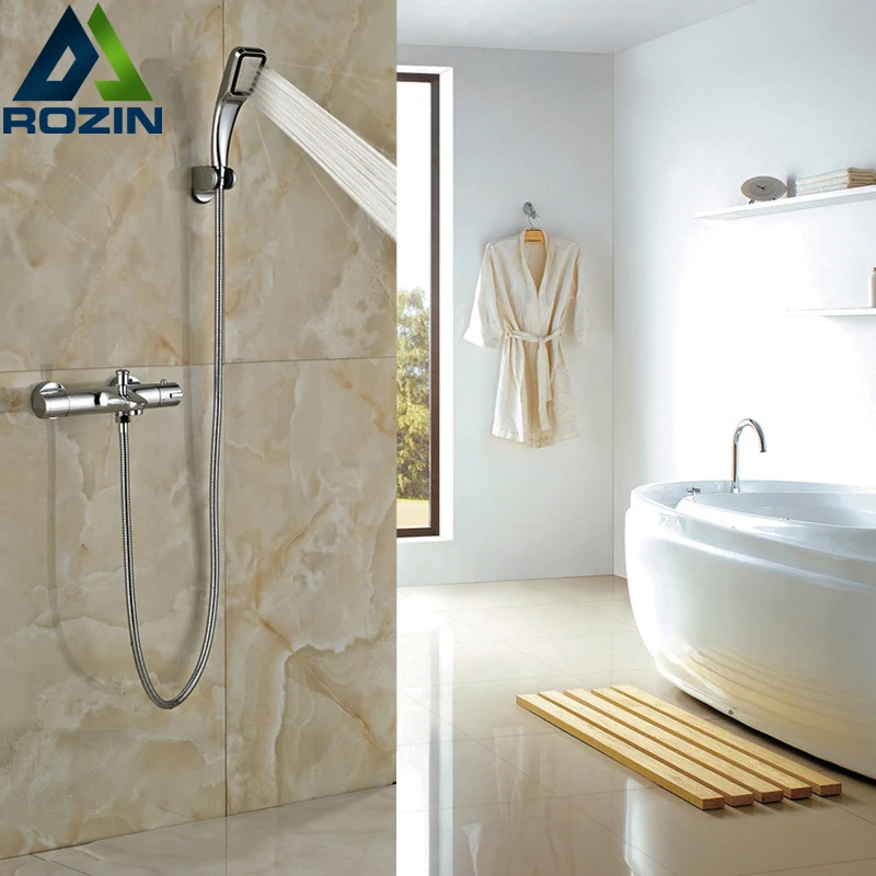 

Polished Chrome Handheld Shower Faucet Wall Mounted Thermostatic Mixer Dual Handles
