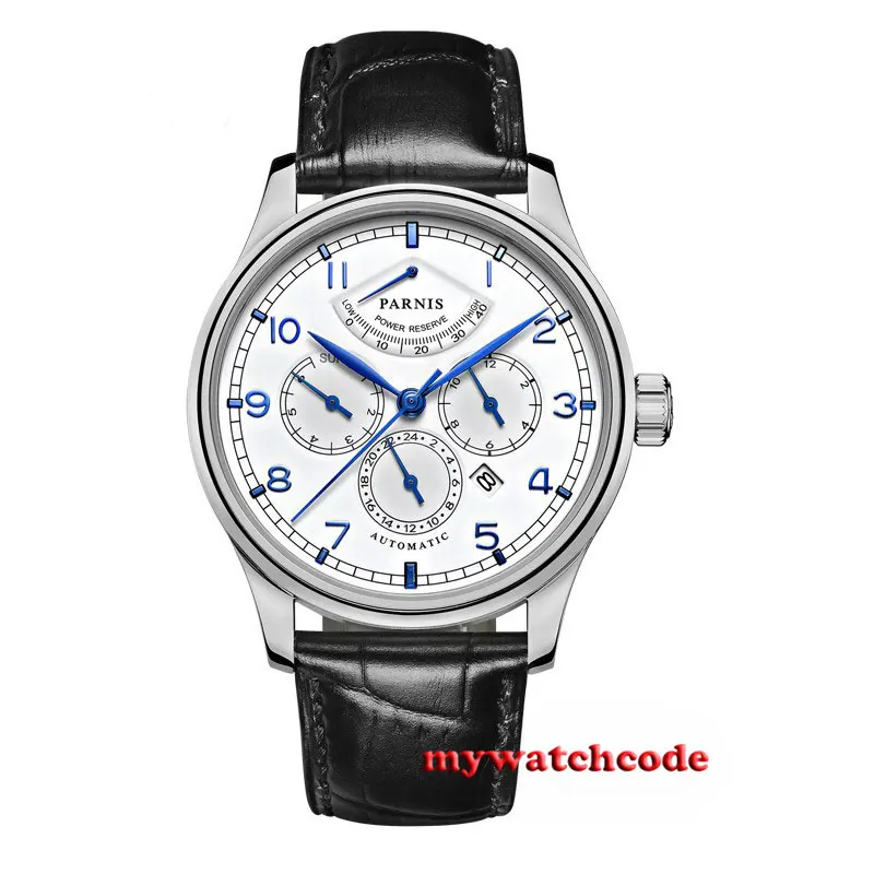 

42mm parnis white dial blue power reserve miyota 9100 Automatic mens Watch P584B