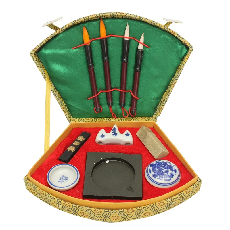 Chinese Calligraphy Set with Writing Pen Brushes Ink Inkstone Stamp Tool Box Set Painting