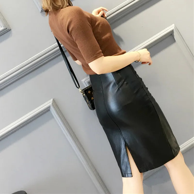 black PU leather midi knee length skirt3