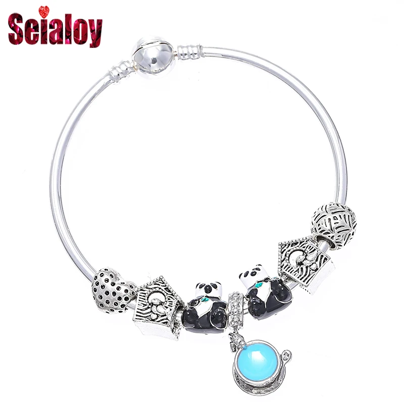 

SEIALOY Cartoon Panda Love House Brands Bracelet Bangles For Women Silver Plated Casual Coffee Charm Bangles Jewelry Gifts