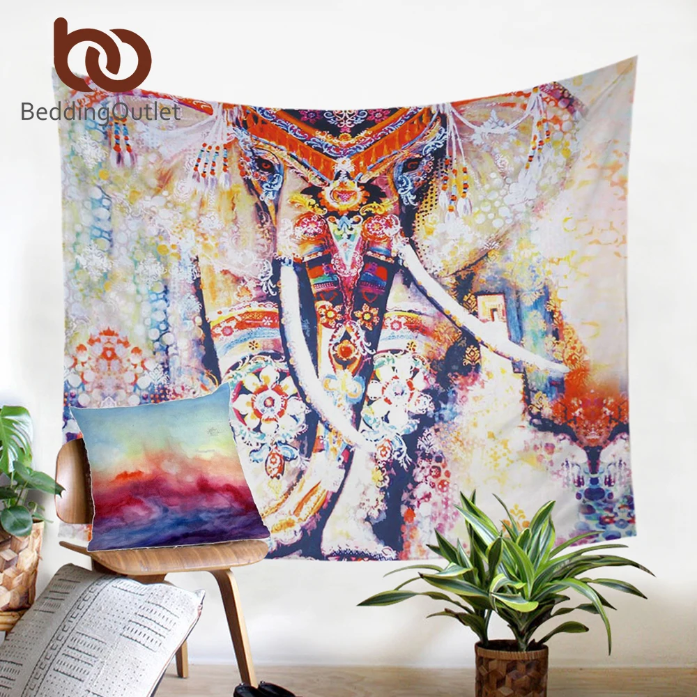 

BeddingOutlet Indian Elephant Tapestry Watercolor Decorative Wall Hanging Bohemian Floral Bedspreads Animal Exotic Sheets
