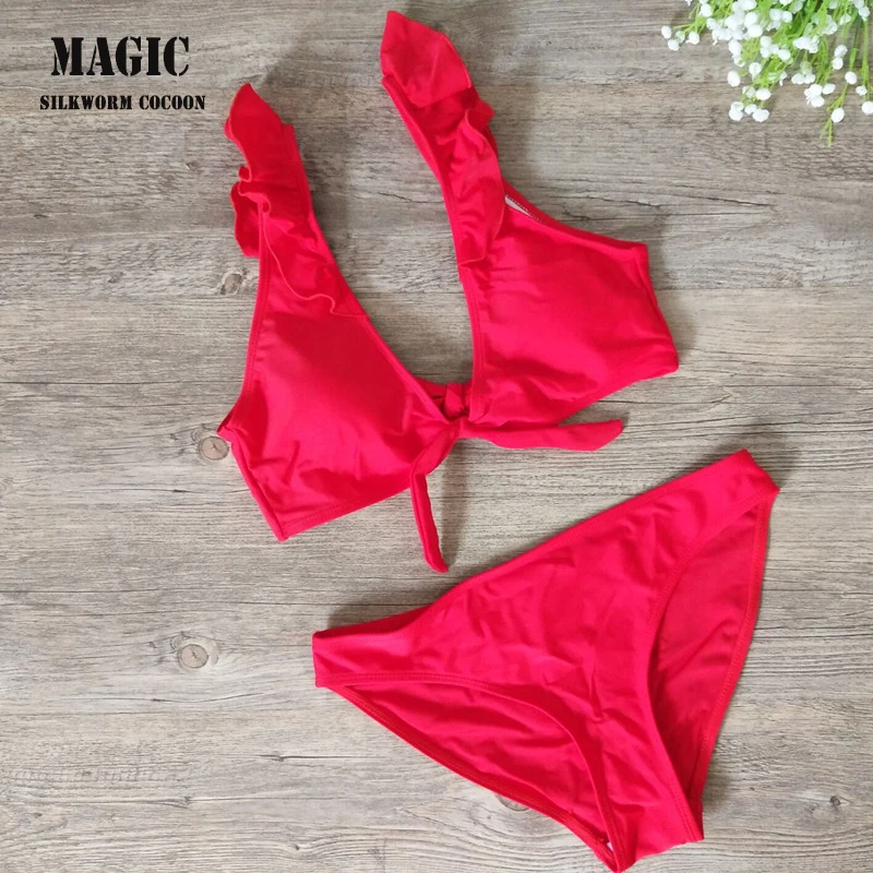 Одноцветный купальник с оборками из двух частей, женский купальный костюм, нагрудный комплект бикини с бантом, Раздельный купальник, летний купальный костюм, красный, розовый