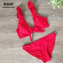 Одноцветный купальник с оборками из двух частей, женский купальный костюм, нагрудный комплект бикини с бантом, Раздельный купальник, летний купальный костюм, красный, розовый