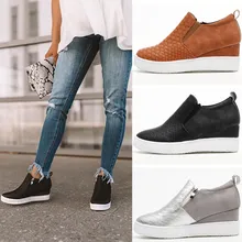 EOEODOIT/Новинка года; обувь на Плоском Каблуке; кожаные кроссовки с внутренним каблуком, визуально увеличивающие рост; слипоны размера плюс; Женская Повседневная Удобная обувь на плоской подошве