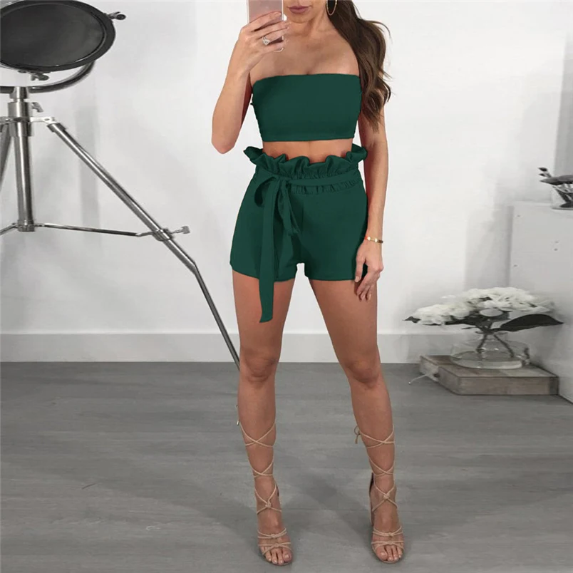 Sexy Women Summer New Brand Sets Solid Off The Shoulder Sleeveless Beach Hot Sale Vest Blouse + Shorts Two-Piece Outfit #J25 (8)