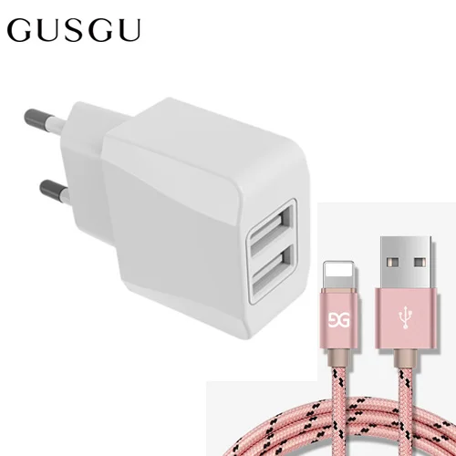 GUSGU Dual USB зарядное устройство для iPhone 7 8 6 X S Max iPad EU вилка адаптер для путешествий настенное зарядное устройство 2A зарядный кабель для Lightning 1,5 м - Тип штекера: White-Rose