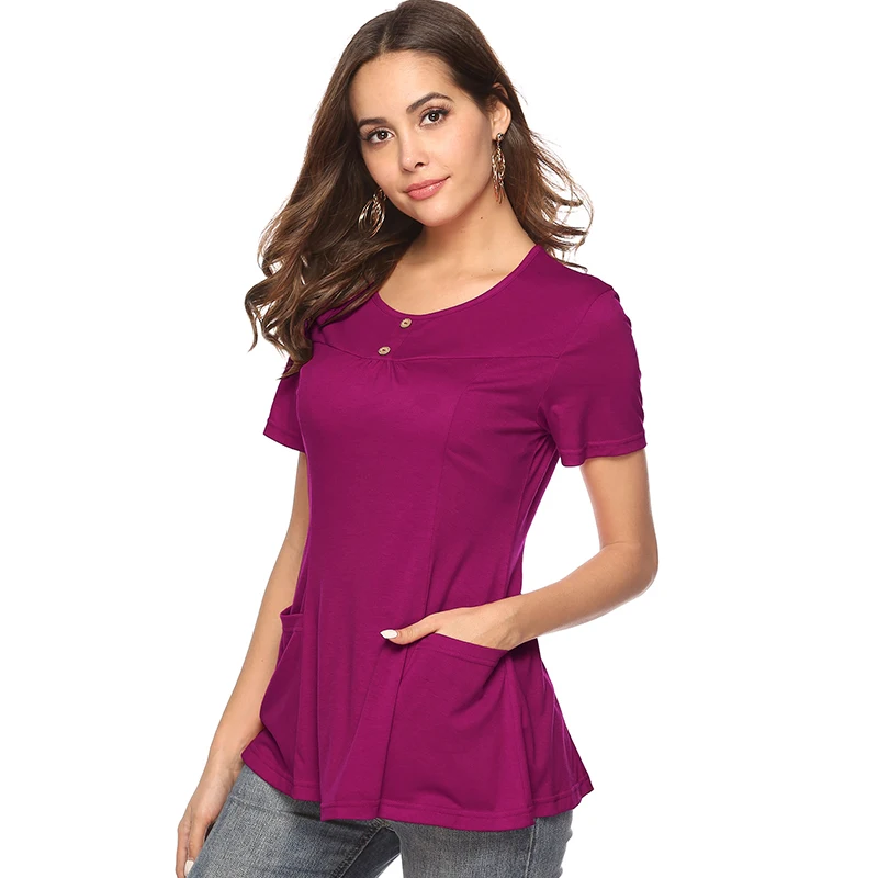 

Summer new hot big size round neck female shirt casual loose folds female T-shirt pocket stitching sexy female T-shirt