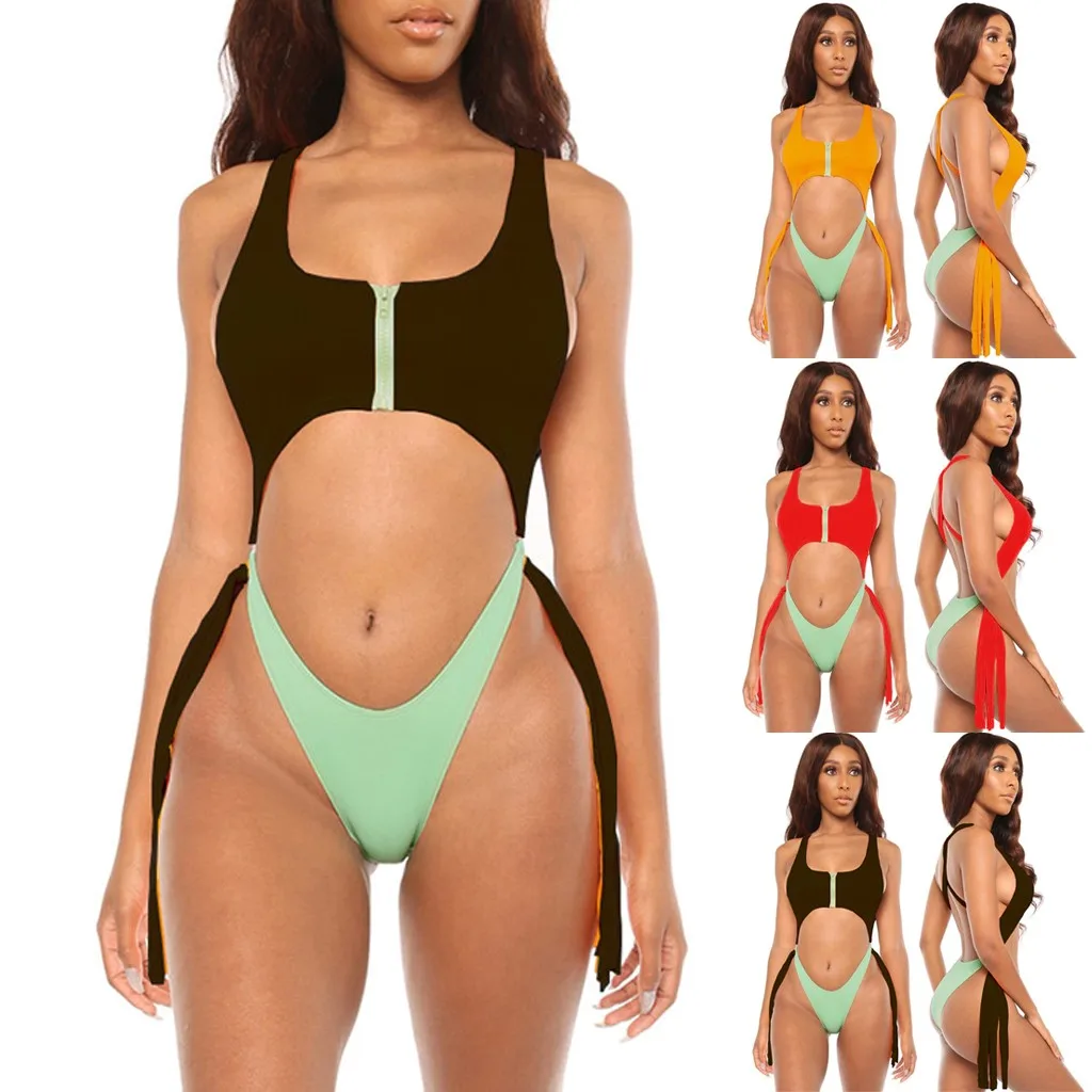 

women's swimsuits Two-Piece Swimsuit Patchwork Zipper Solid Bandage bikini push up Set Beachwear separate swimsuit biquini