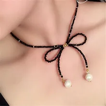Новая мода, Имитация кристаллов, черные бусы, колье, ожерелье, Бабочка, бант, жемчуг, подвеска, ожерелье,, золотой цвет, цепочка на шею