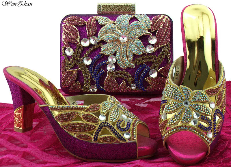 

High heels Summer Party Wedding Shoes 8cm And Bag Latest Purple Color Decorated With Flower Rhinestone 38-42 WENZHAN B85-15