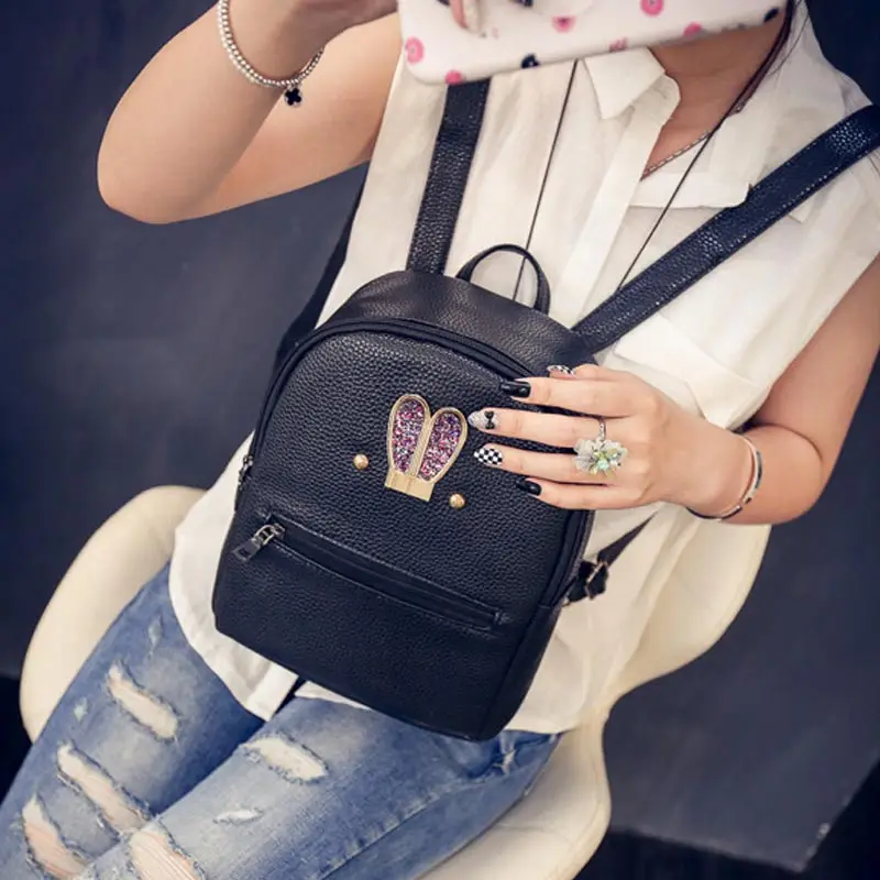 Fashion Korean Women Backpack Leather Rabbit Ears Diamond Zipped Ladies