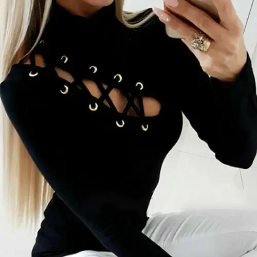 Модная женская футболка с полой шнуровкой, Однотонная футболка с длинным рукавом, черная Повседневная Сексуальная футболка, пуловер, женская одежда