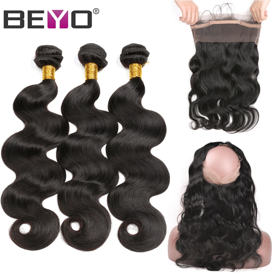 Beyo 360 синтетический Frontal шнурка волос с Комплект бразильский средства ухода за кожей ВОЛНА s с синтетическое закрытие волос 2/3 человеческие
