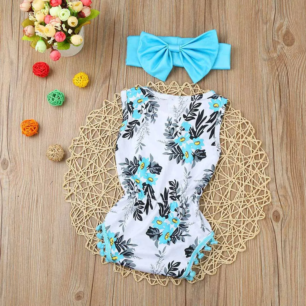 

Summer girl flower print jumpsuit pom-pom shirt + hair with two-piece suit Clothes roupa infantil inverno menina carters#p35US