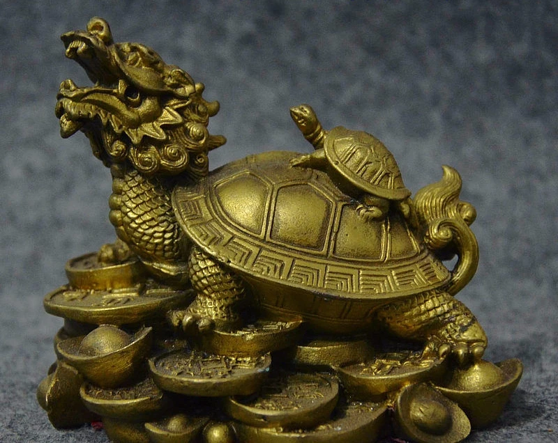 

4" Old China FengShui Brass Wealth Dragon Turtle Stand On YuanBao Coin Statue