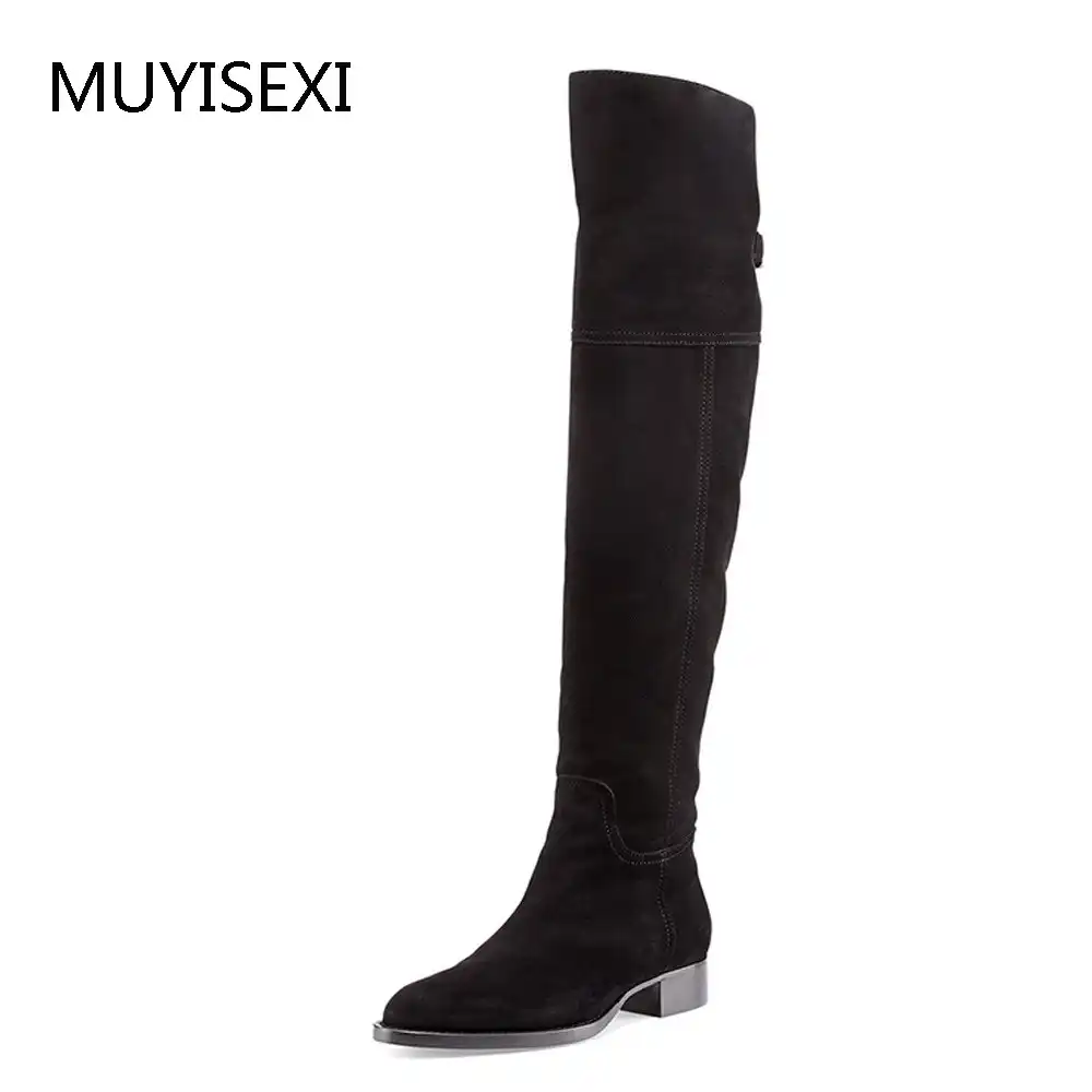 Metal <b>Pointed</b> Toe Black <b>Knee High Women</b> Boots Genuine Leather ...