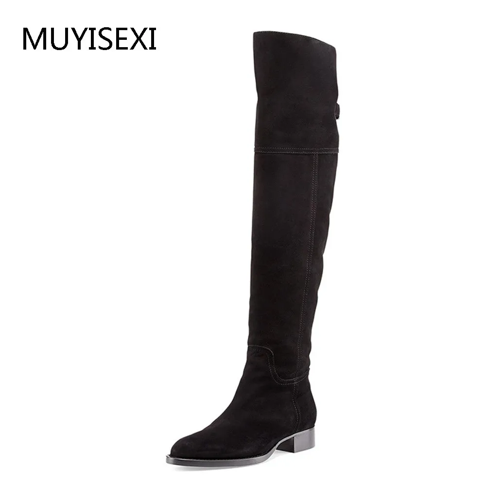 Skup Zakolanówki buty na buty do kolan czarne kobiety prawdziwa skóra 3 cm obcas buty do kolan damskie zimowe LIH02 MUYISEXI