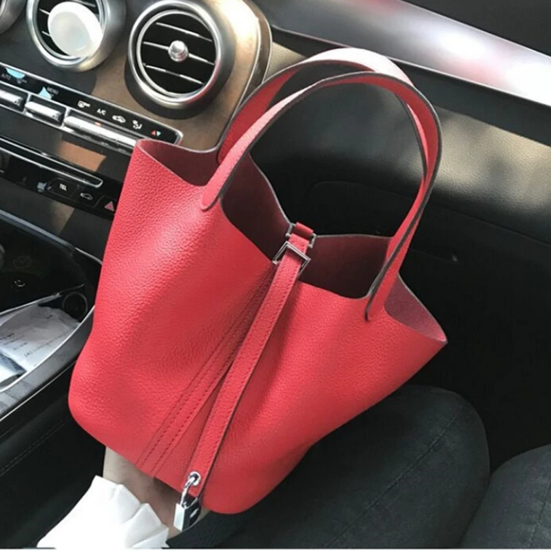 

Buyuwant 100% Genuine Leather Handbags Drawstring Designer leather bucket bag lychee pattern simple handbag GN-SB-stlzbd