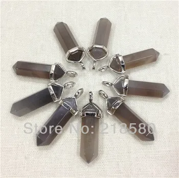 

H-RQP17 Crystal Pillar Pendant Grayish Brown Stone Hexagon Point Pendant Silver Bail Approx 40mmx10mm