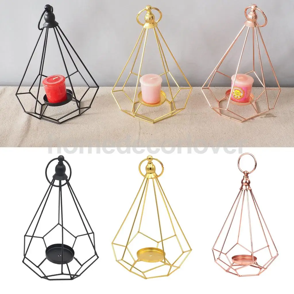 Geometric Diamond Shaped Alloy Framed Tea Light Candle Holder Candlestick for Cafe Bar Hanging Decor Photo Props
