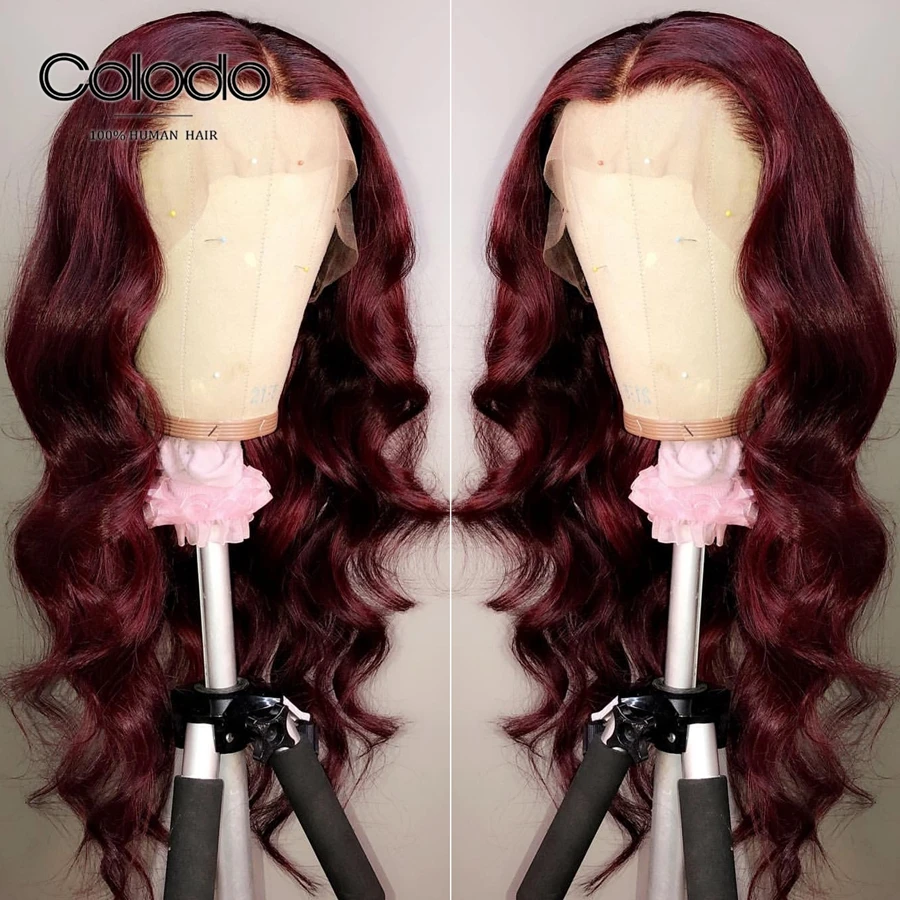 

COLODO 13X4 Burgundy Red Lace Front Human Hair Wigs Remy Brazilian Loose Wave Wig Preplucked Lace Frontal Wigs For Black Women