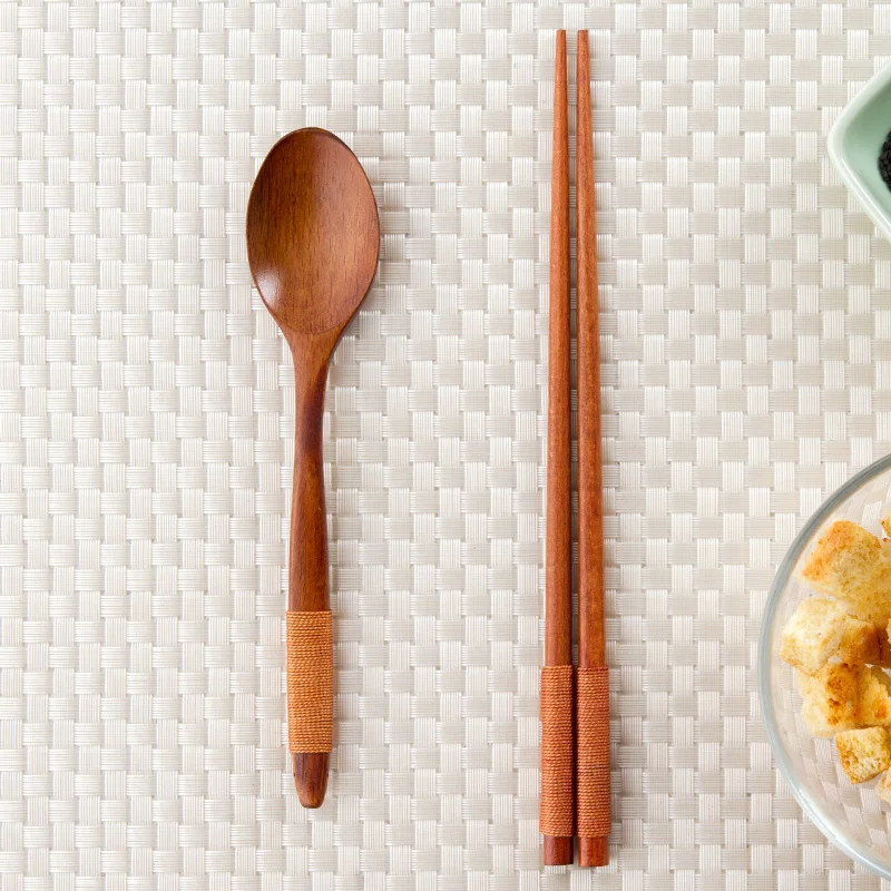 Japanese wooden tableware set long handle wooden fork portable soup