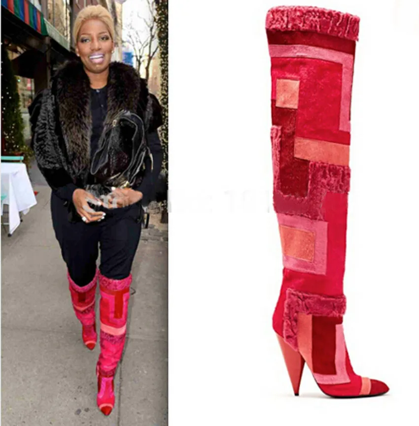 

2015 Hot Selling Patchwork Pointed Toe Spike Heel Thigh High Boots Winter Suede Leather Over Knee Long Boots