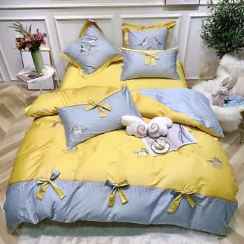 

Cute Unicorn bedding set king queen size egyptian cotton bed linens embroidery duvet cover set Princess style bed set flat sheet