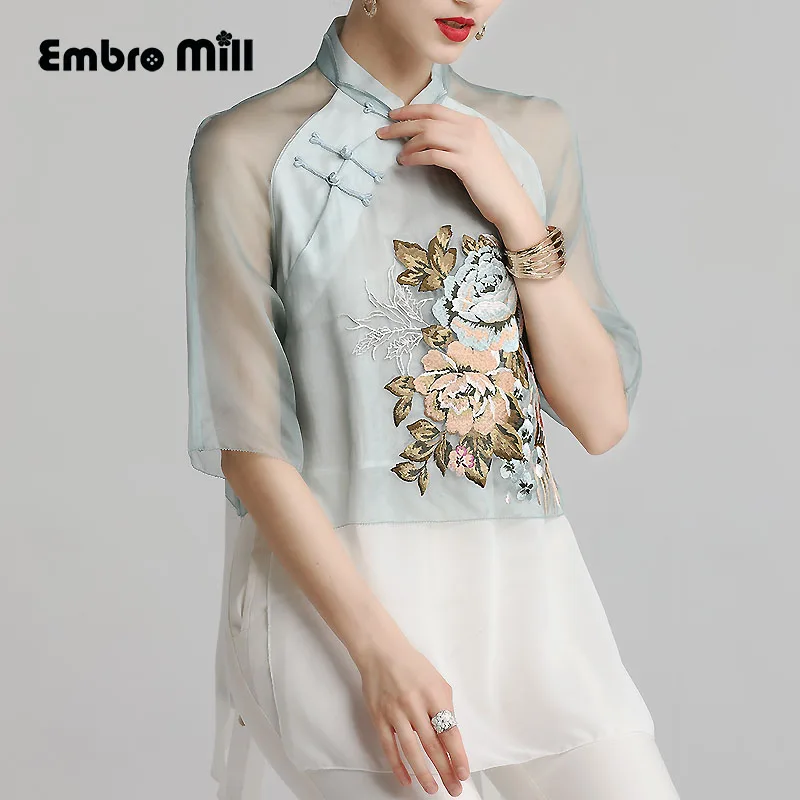 

Women's blouse shirt spring and summer runway new retro folk embroidery Silk ladies shirt floral Chinese fashion lady top S-XXL