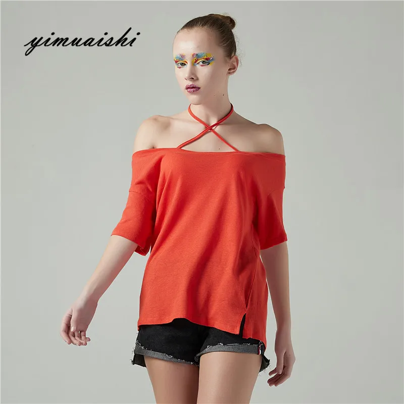 Summer Off Shoulder T-Shirt For Women Sexy Neck Cotton Short Sleeve Tee Shirt Casual Tshirts Female Top Both sides wear | Женская одежда