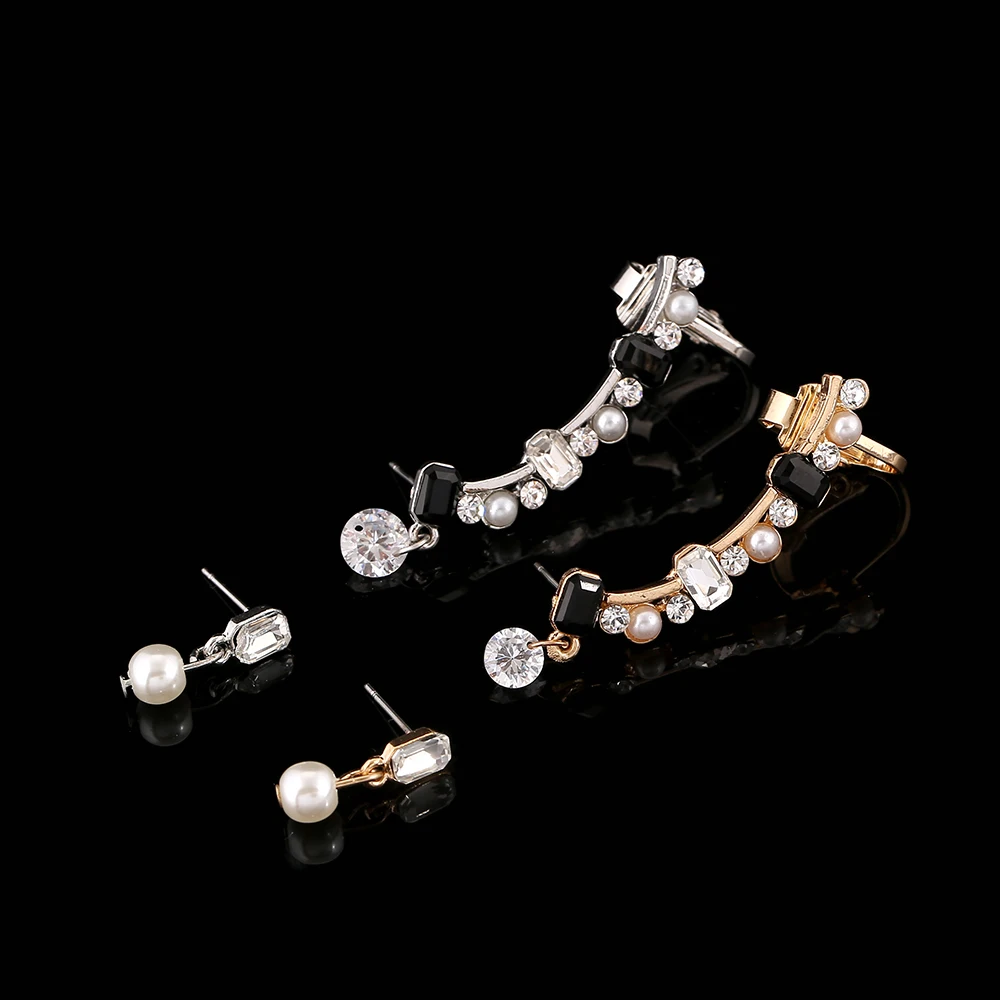 

ZLDYOU Fashion Women Ear Cuff Imitation Pearls Zircon Earcuff Wedding Jewelry Black Clear Rhinestones Functional Clip Earring