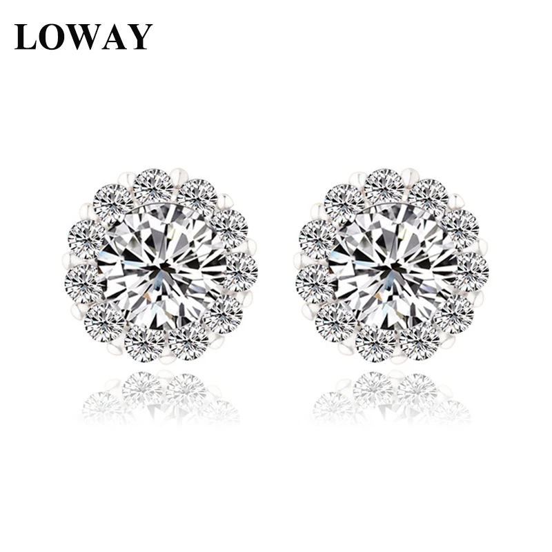 LOWAY Fashion Jewelry Classic Round Cubic Zirconia White Color Stud Earrings For Women ED2874 | Украшения и аксессуары