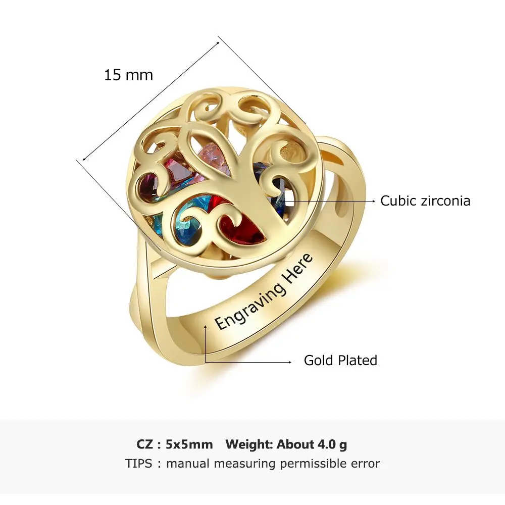 Customized Gold Color Rings Hollow With Birthstone Engrave Name Gifts Trendy Rings For Women New Arrival 2018(JewelOra RI103609)