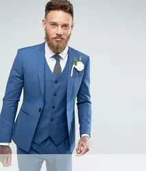 Высокое качество одна кнопка-синий смокинг для жениха Нотч Groomsmen Мужские свадебные костюмы для выпускного (куртка + брюки + жилет + галстук)