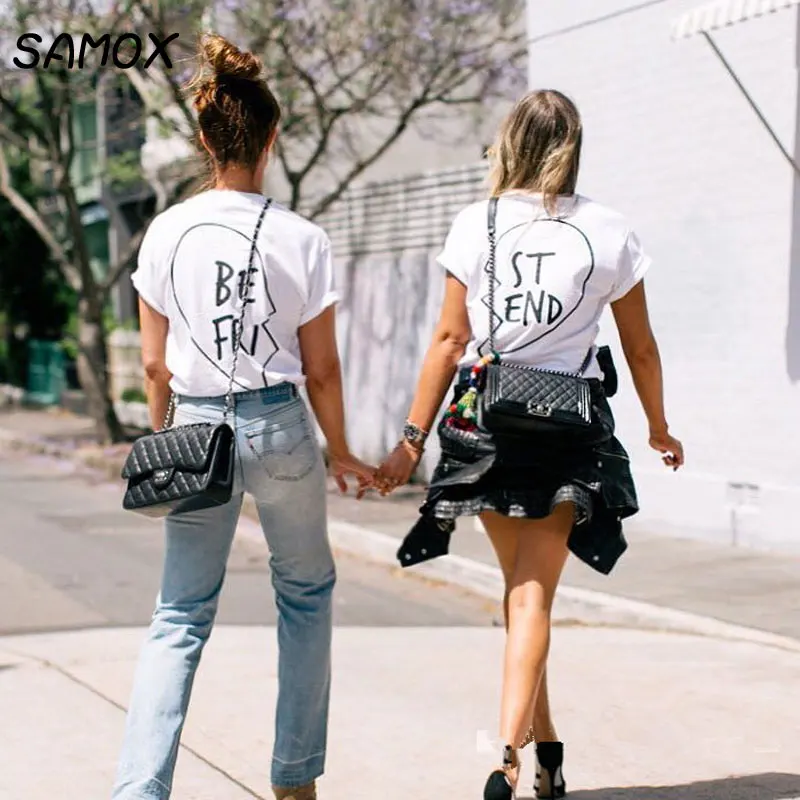 

JSMY 2019 New Summer T-shirt Printed Best Friend Letter Cotton Sisters T-shirt